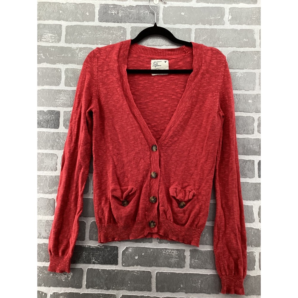 American Eagle Womens Red Cotton Cardigan Ruffle Pocket V-Neck Sweater Size M
